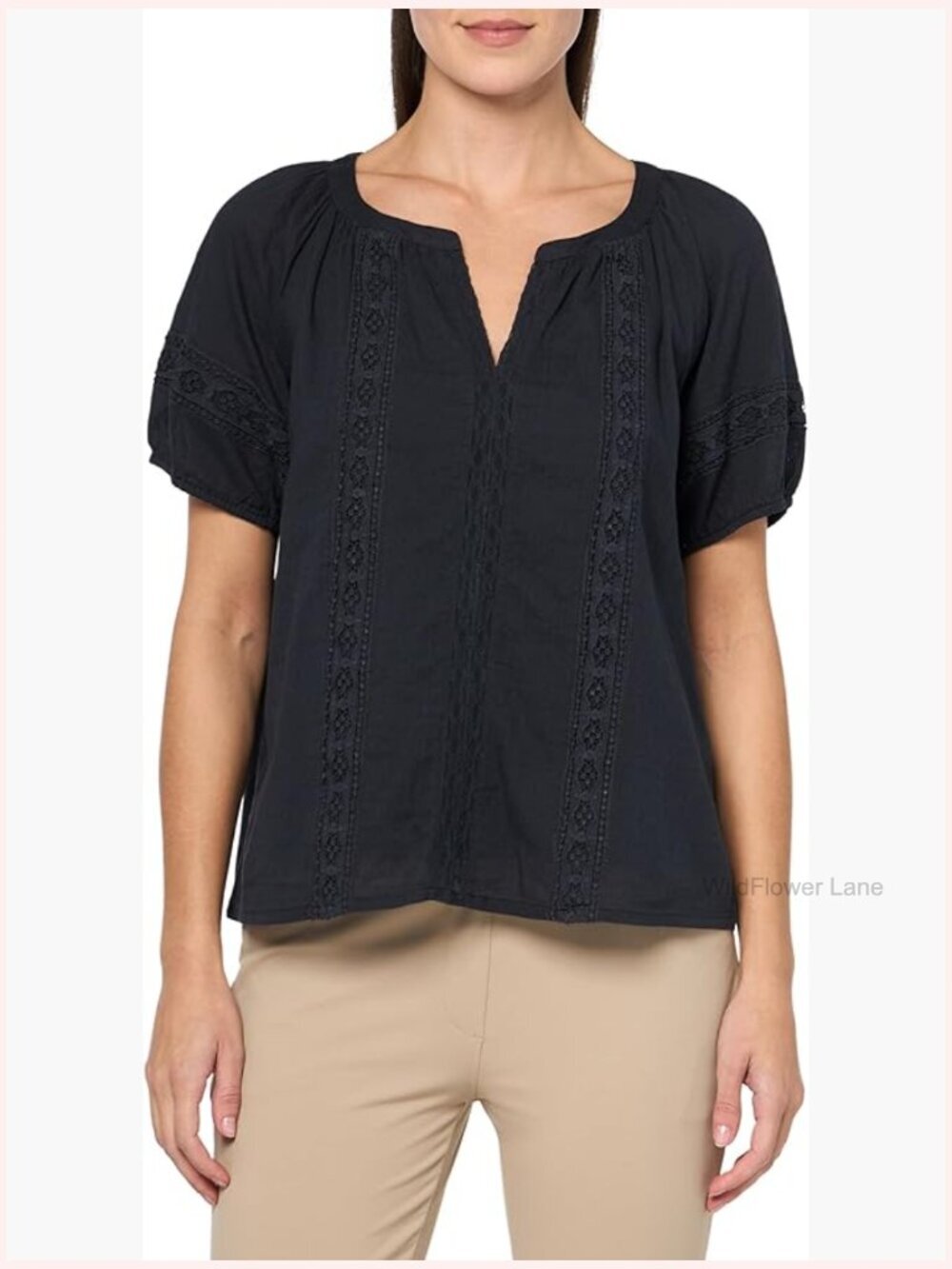 Vintage-Inspired Cotton Peasant Top with Lace Inset, Pull On Closure